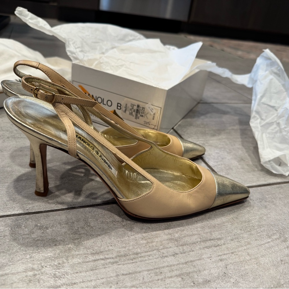 Manolo Blahnik Nude and Silver Pointed-Toe Slingback Heels - Picture 5 of 16